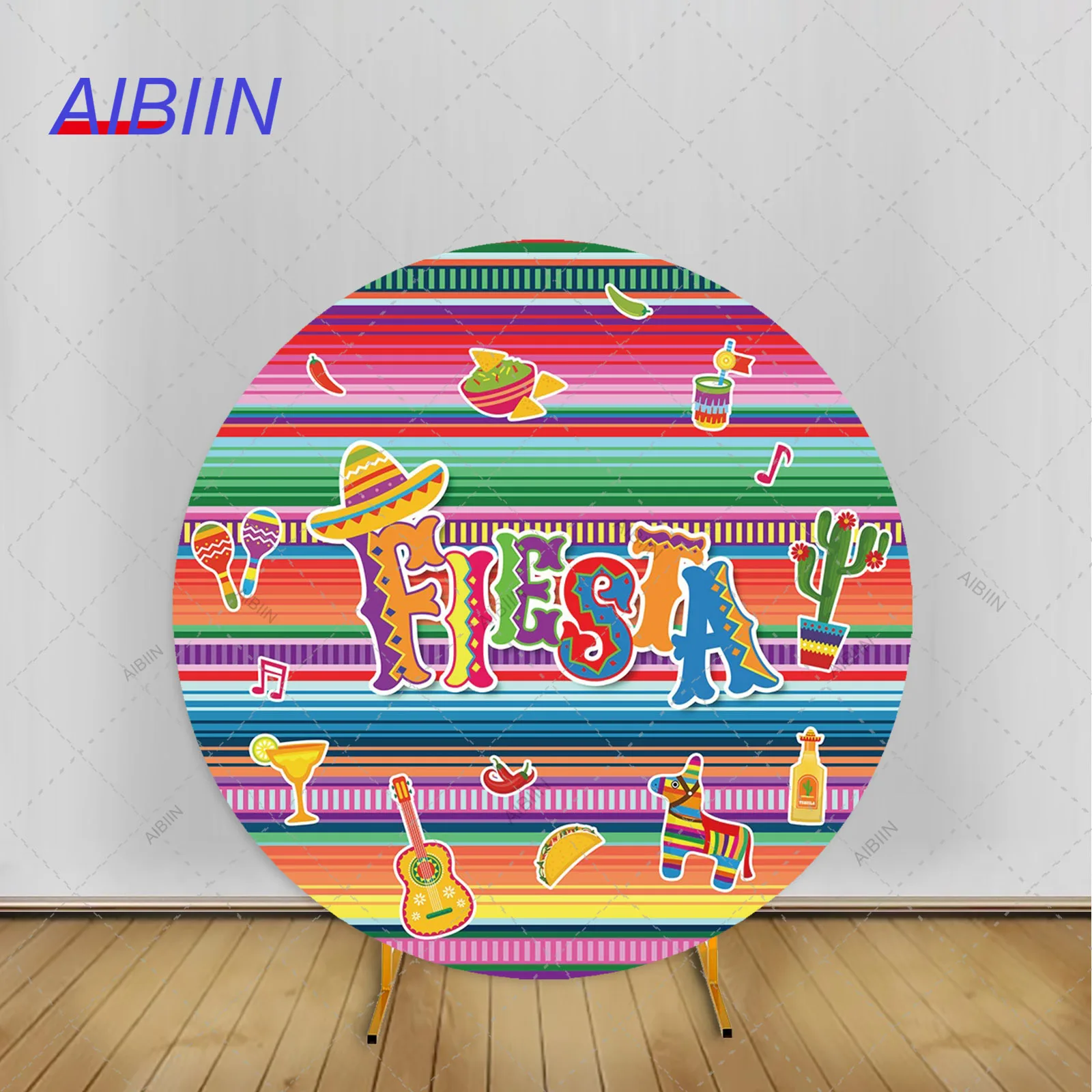 

Mexican Fiesta Round Backdrop Cover Colorful Stripe Cactus Guitar Taco Donkey Birthday Party Decor Photography Background