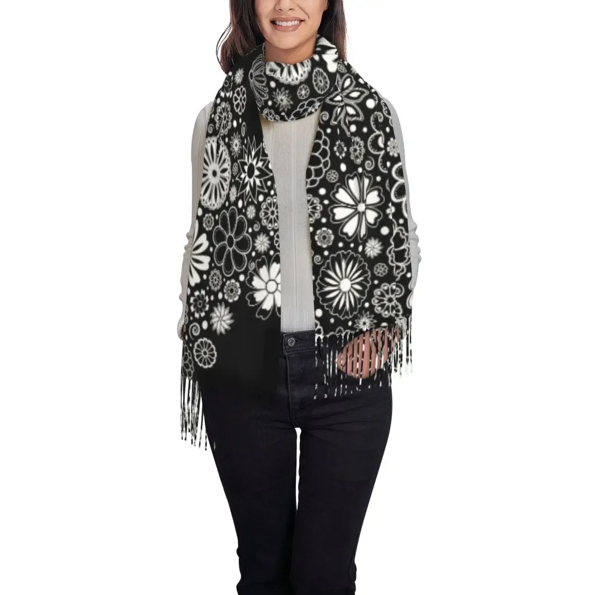 Flower Power Scarf Womens Black and White Floral Headwear Scarves with Tassel Winter Retro Shawls and Wraps New Design Bandana