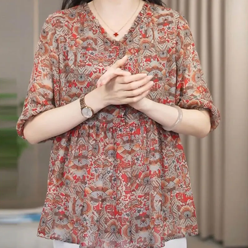 Commute V-Neck Loose Spliced Blouse Summer Thin Fashion Folds 3/4 Sleeve Prairie Chic Female Clothing Vintage Folk Printed Shirt