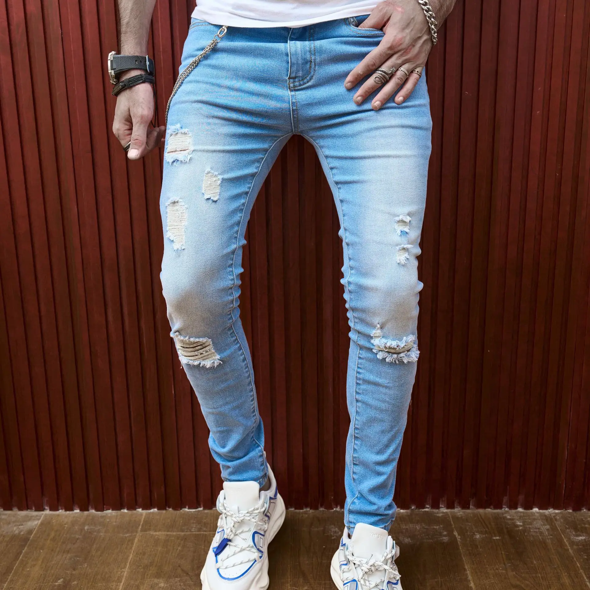 Ripped Hole Pencil Pants Washed Men Jeans Ankle Length Distressed Denim Skinny Pockets Slim Fit Vintage 2024 Moto Biker