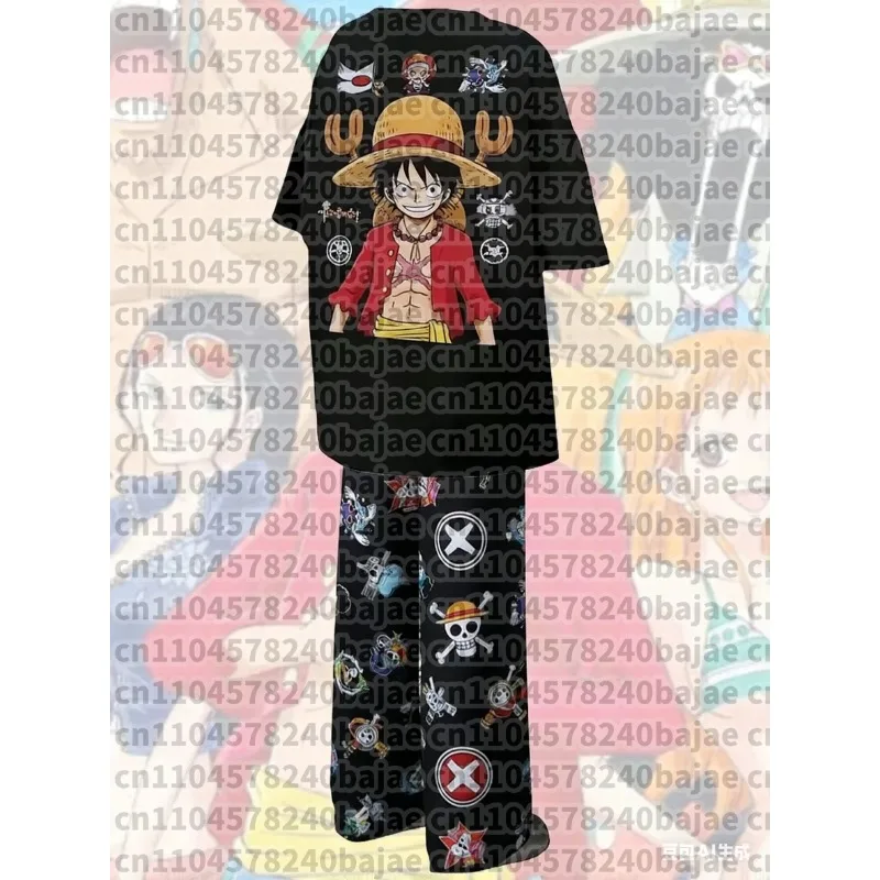 2026 New One Piece Monkey D. Luffy Straw Hat Print Pajama Set T-shirt & Pants Unisex Anime Sleepwear Soft Breathable Loungewear