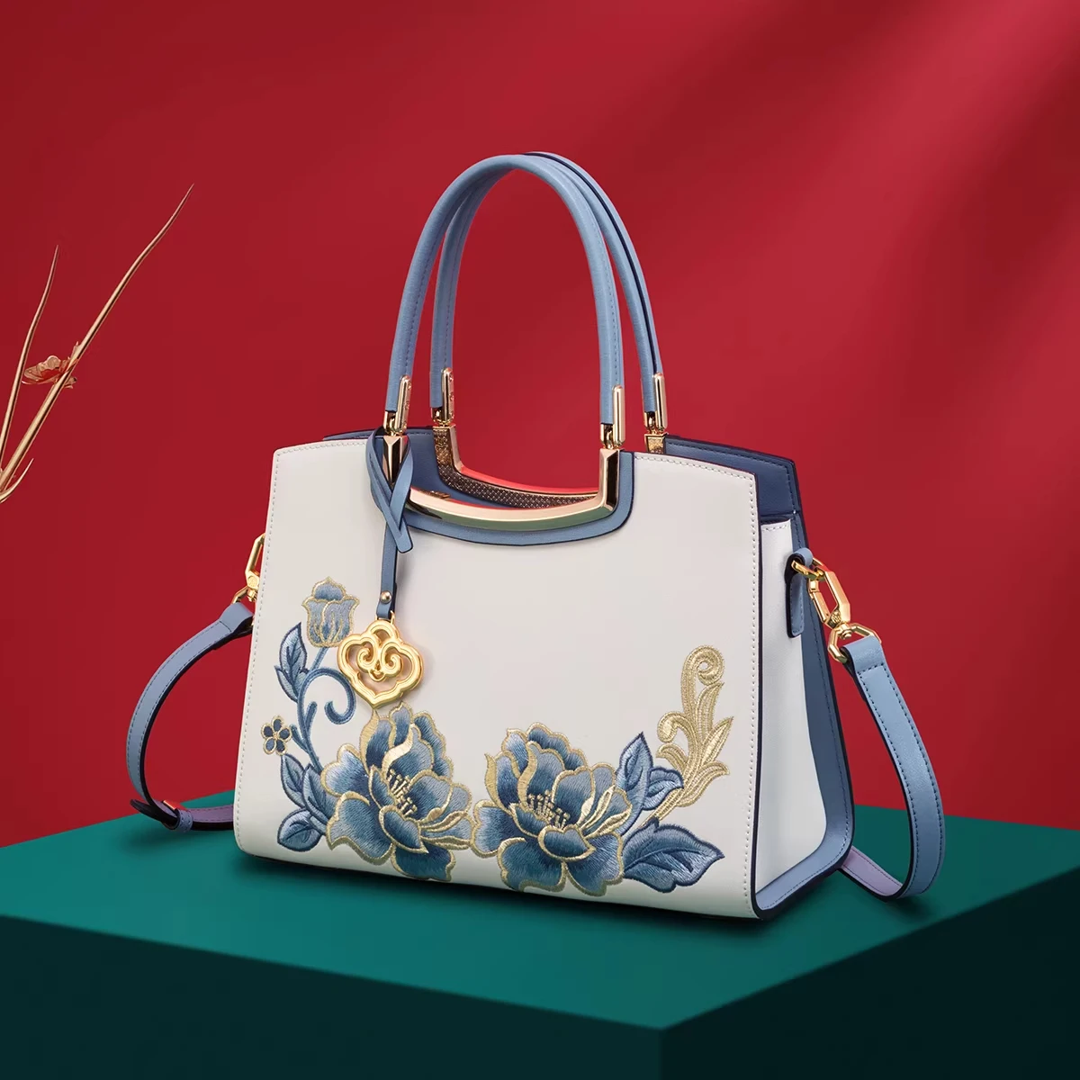 MENDY Chinese Style New Lotus Flower Embroidery Bag Traditional Designer Luxury Women's Top Handle Bag Shoulder Bag Mom Bag