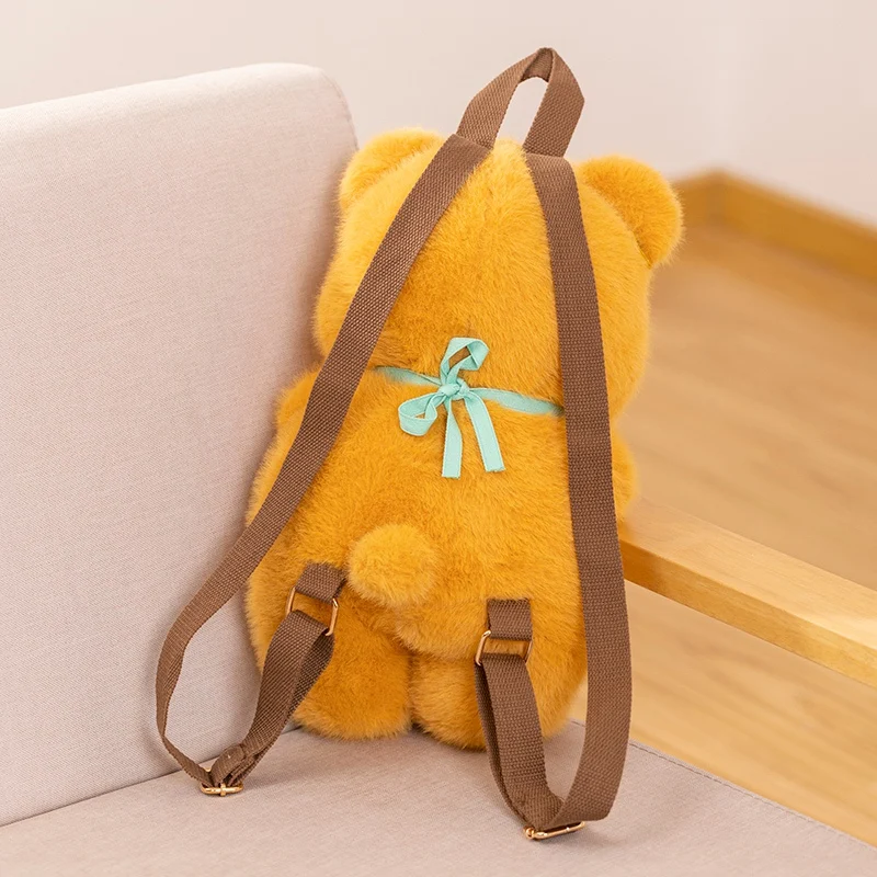 Kawaii Butter Bear Plush Doll Backpack 35cm Yellow With Bib Butter Cute Bear Animal Plush Bag Super Soft Gift For Boys And Girls