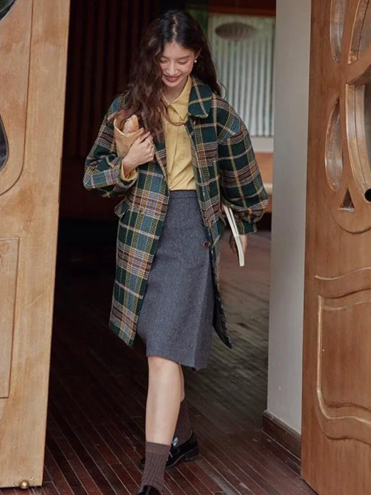 

Миниатюрное женское осенне-зимнее шерстяное пальто 2025, классический дизайн в клетку в клетку, стильный Тренч средней длины