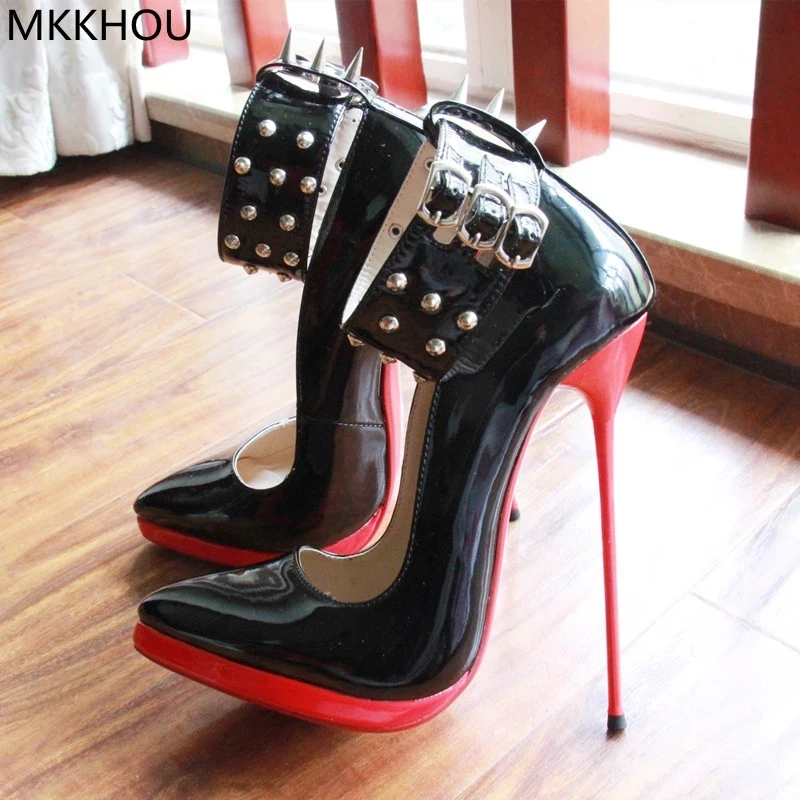 MKKHOU Fashion Pumps New Pointed Toe Stiletto 16cm High Heel Shoes Ankle Buckle Strap Rivet Punk Style Modern Women Shoes