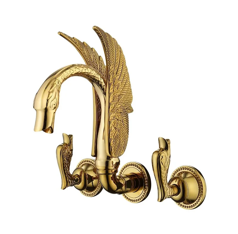 

High-end Luxury Titanium Gold Wall-mounted Bathroom Faucet Swan-inspired Artistic Design Basin mixer Tap Concealed Solid Brass