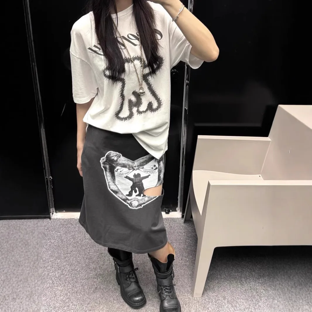 OPEN YY Half Skirt 2025 Tide Love Print Irregular Design Cutting Flutter Half Slim Midi Skirt