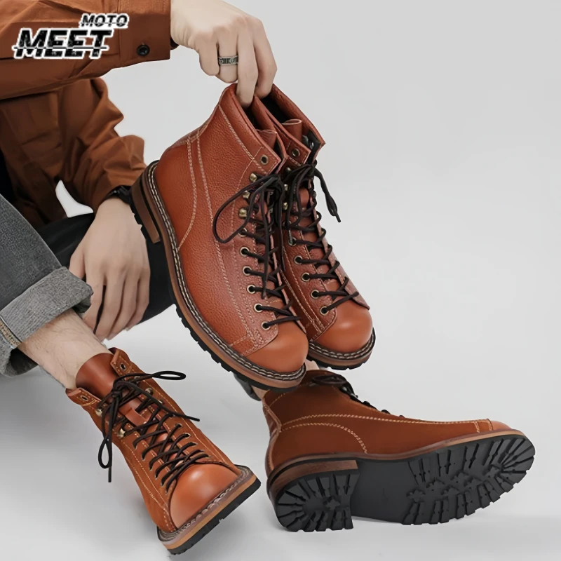 Men's Cowhid Boots British Leather Trekking Shoes Thick Soled Ankle Sneakers Cowhide High Top Motorcycle Boots Botas Para Moto