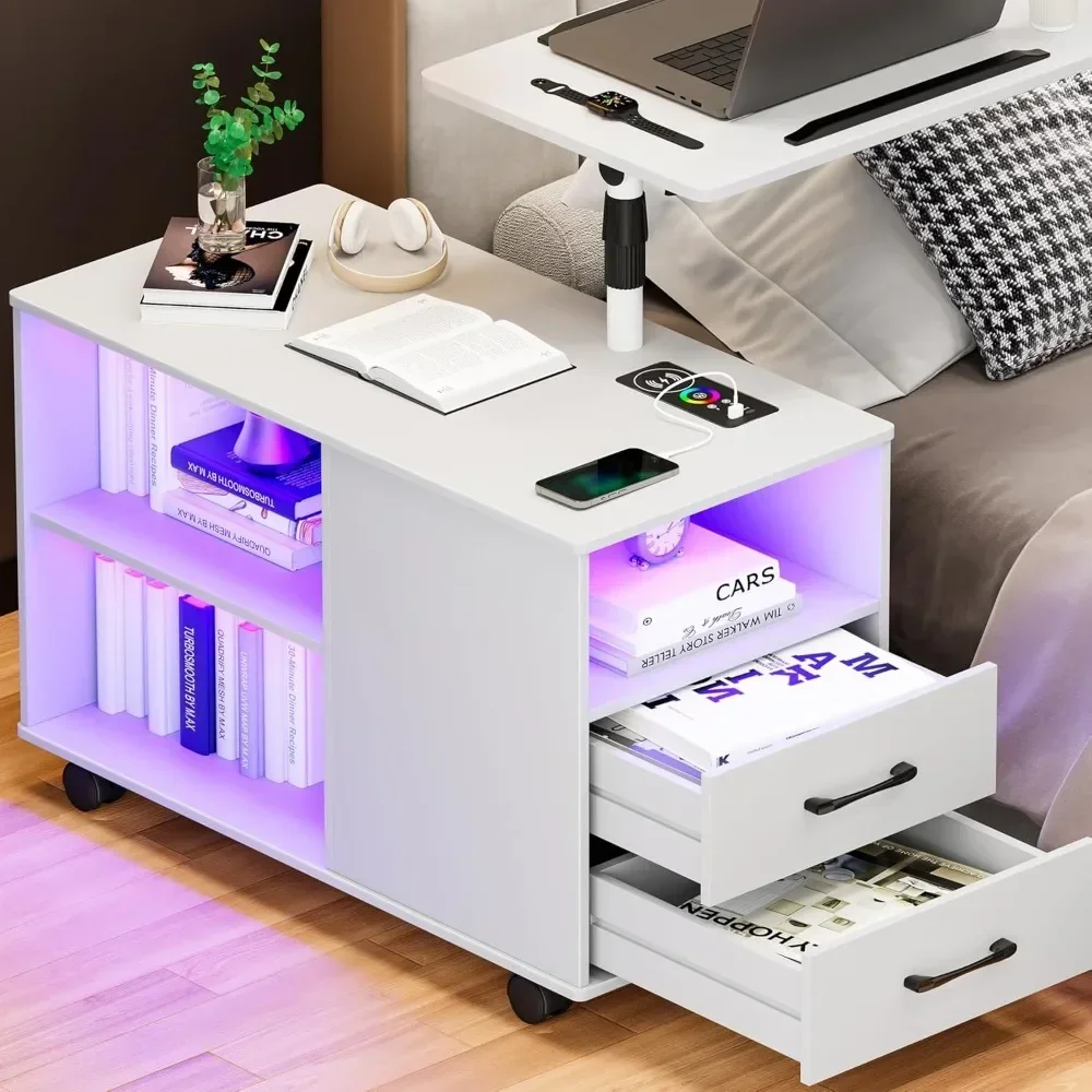 360° LED Nightstand with Wireless Charging Station Movable Adjustable Bedside Table with Laptop Tray