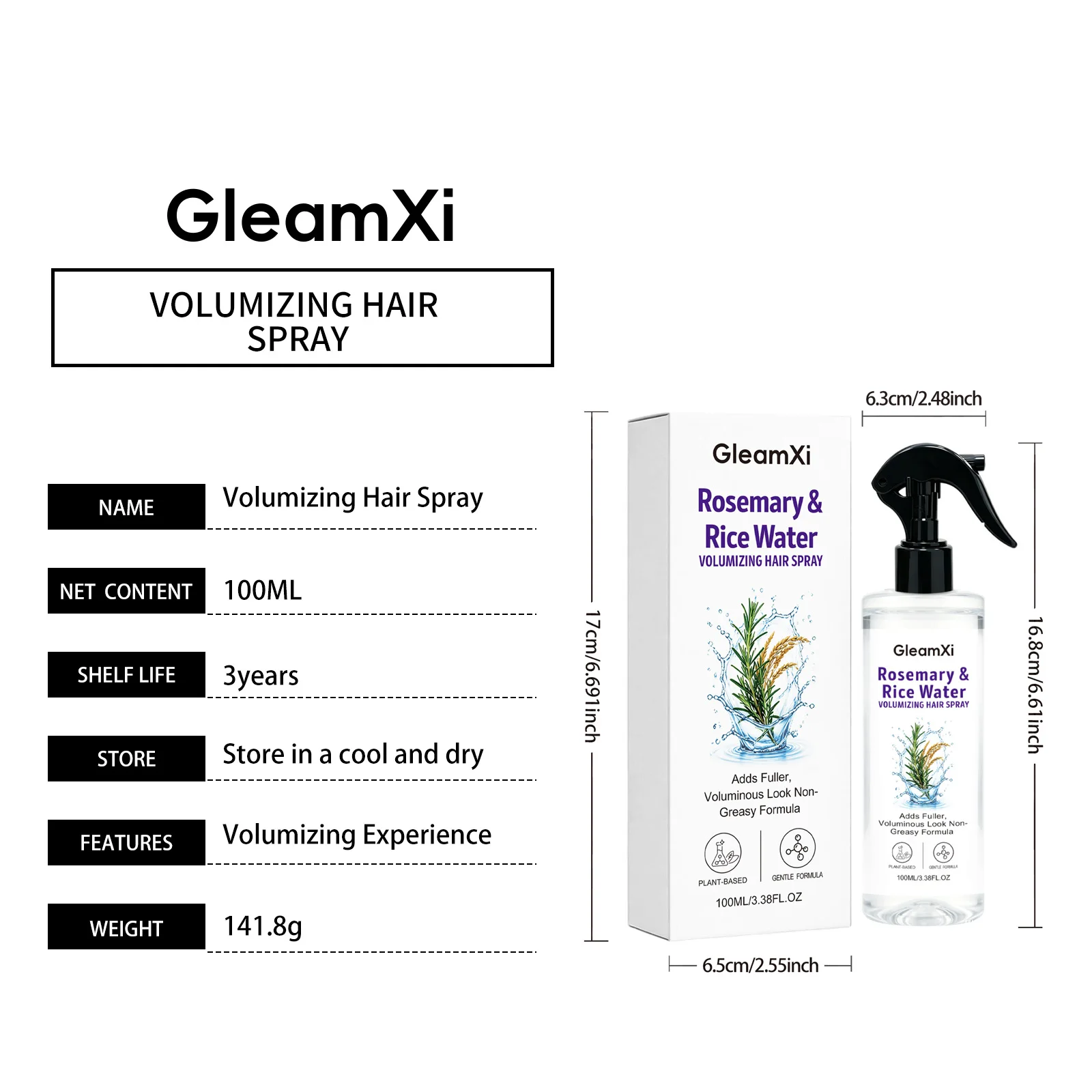 Rosmarin- & Reiswasser Volumen-Haarspray 100ml Nicht fettendes Haarwurzel-Lifting-Spray für ölkontrollierende, erfrischende Kopfhautpflege – Detail 1