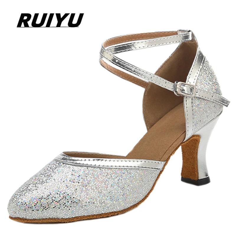 Latin Dance Shoes Women's Salsa Tango Ballroom Party Sociable Women's Shoes Gold Silver Dance Heels Closed Toe Outdoor Sneakers