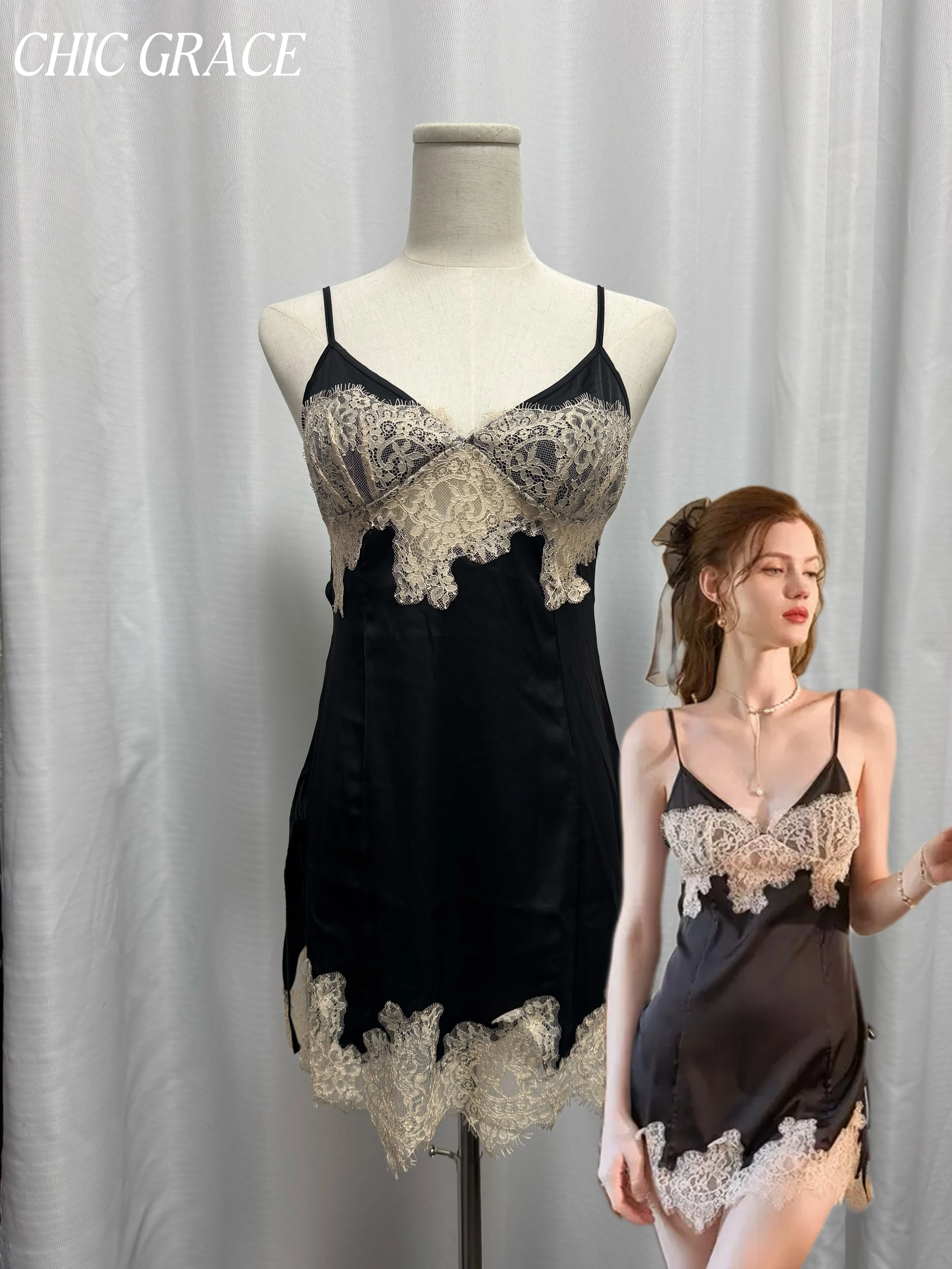 

Sexy Ice Silk Slip Dress with Lace Trim - Elegant Spaghetti Straps Nightwear, Women's Luxury Lingerie Sleepwear for Bedroom