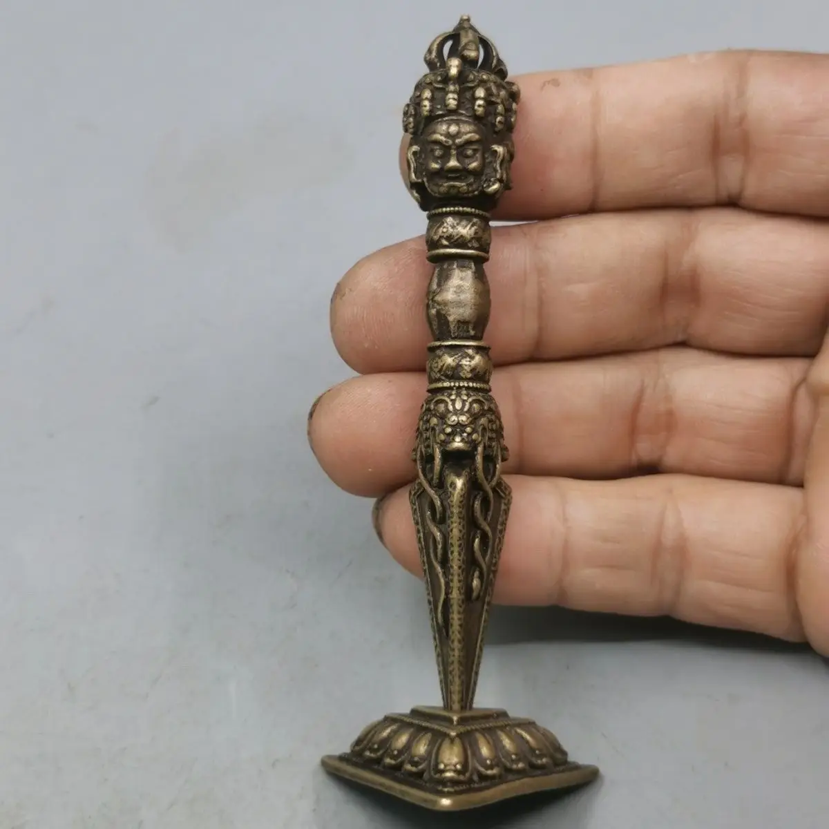 Tibetan Style Brass Three-Faced Dorje Phurba Vajra Pendant, Demon Subduing Kila Phurba Amulet Tibetan Buddhism Ritual Talisman