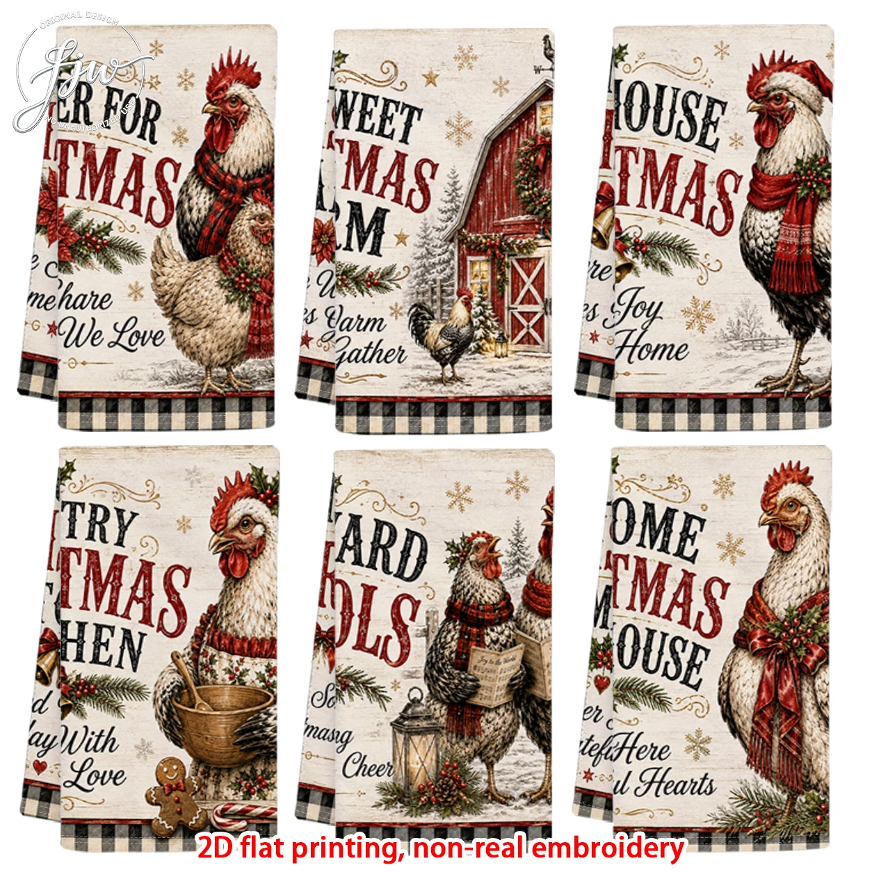 6pcRustic Farmhouse Christmas Rooster Kitchen Towels  Vintage Holiday Farm Decorative Dish Towels for Cooking Baking