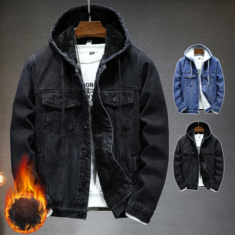 

Mens Hooded Denim Jacket Velvet Lined Retro Autumn Winter Thickened Warm Windbreaker Casual Vintage Coat