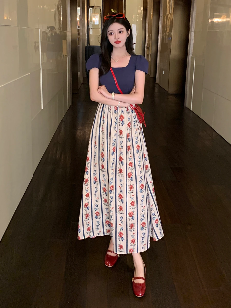 Retro Floral Print Maxi Dr Women's Summer Faion Slimming A-Line Gown Ele plus Size Fake Two-Piece Sle ort Sve