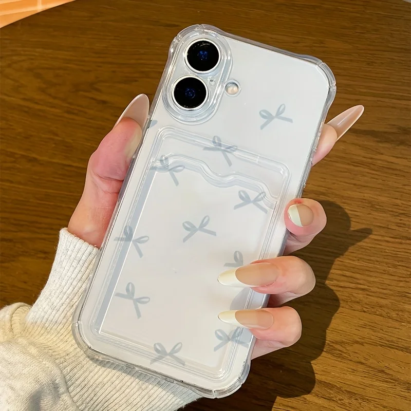 Funda con soporte para tarjetas transparente con lazo azul para iPhone 17 16 E 15 14 Plus 13 12 Mini 11 Pro Max, funda anticaída de silicona