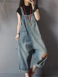 Loose Oversized Rompers Women Jumpsuit Spring Casual Straps Jeans Overalls Vintage Patch Designs Denim Bib Pants Baggy Dungarees