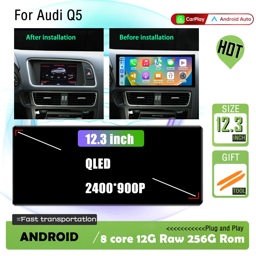 For Audi Q5 2009-2017 Wireless CarPlay Android 16 Car Multimedia Stereo Navi Radio Player Bluetooth 10.33/12.3 inch Touch Screen