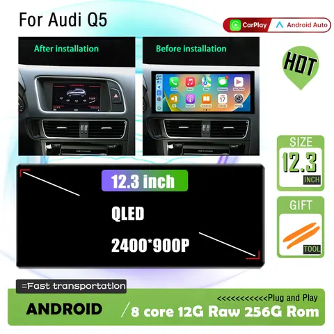 Pour Audi Q5 2009-2017, CarPlay sans fil, Android 16, autoradio multimédia, lecteur radio Navi, Bluetooth, écran tactile 10.33/12.3 pouces