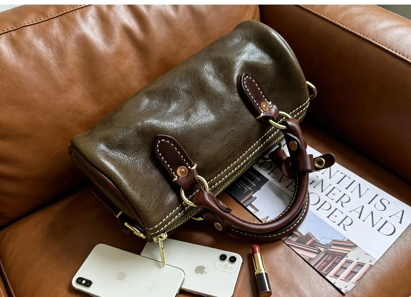 Lässige Outdoor-Handtasche für den Alltag, luxuriöse handgefertigte Damenhandtasche aus pflanzlich gegerbtem Rindsleder, modische Designer-Umhängetasche aus echtem Leder für Damen. – Detail 6