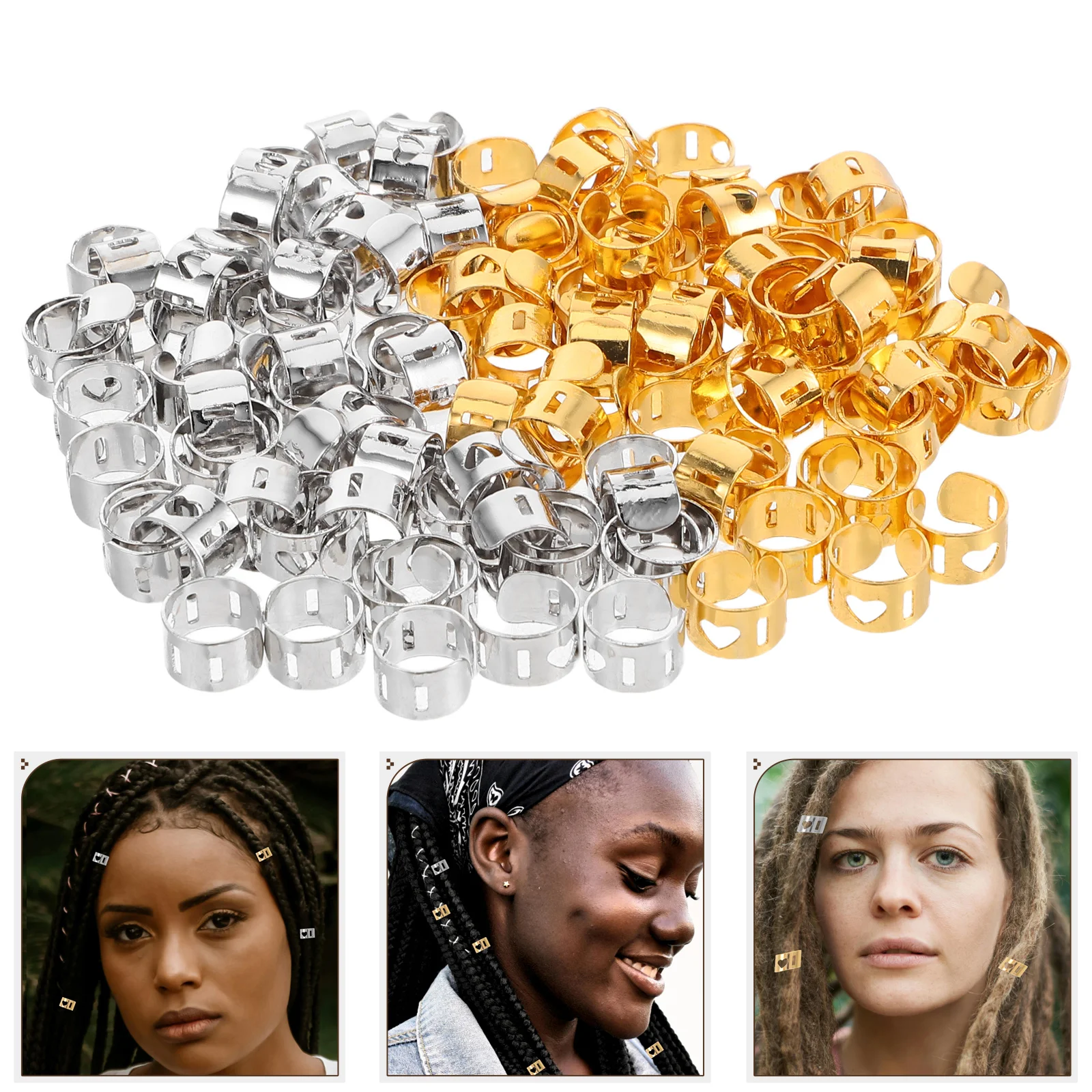 120 قطعة حلقات جديلة مجوفة على شكل قلب ذهبي فضي خفيفة الوزن أصفاد شعر معدنية إكسسوارات مجوهرات Dreadlock #1