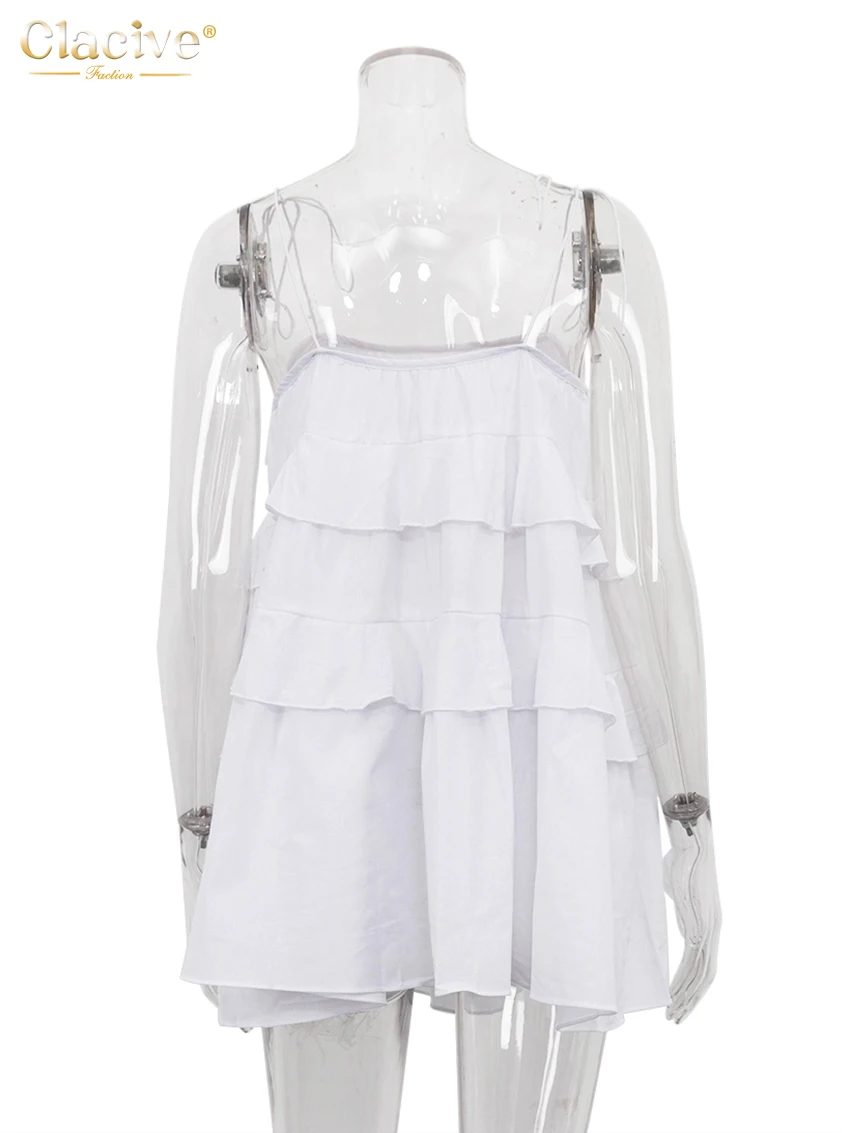 Clacive Sexy Loose White Cotton Women\'s Dress 2024 Summer Strap Sleeveless Mini Dresses Elegant Classic Ruffle Female Dress