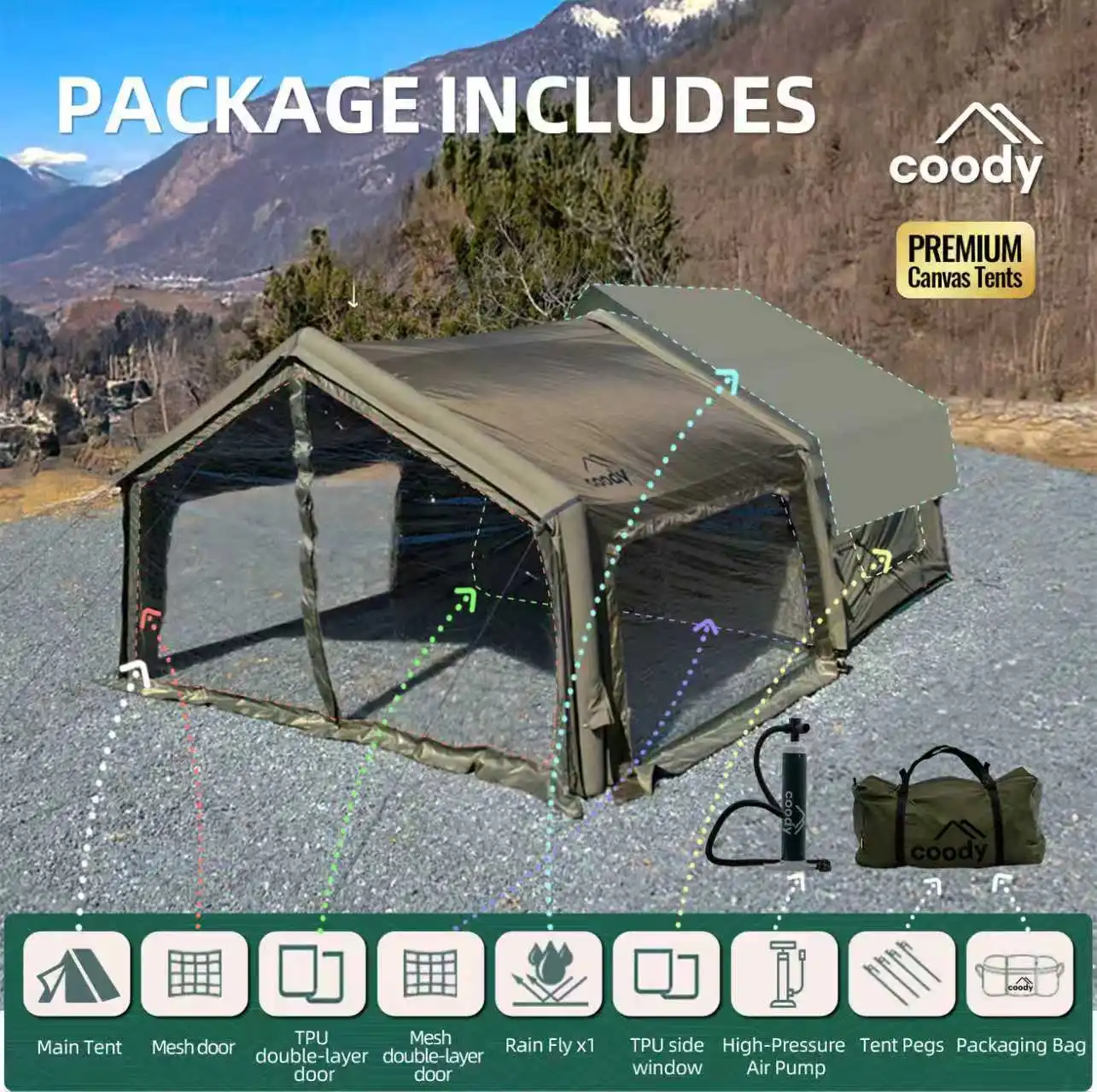 

10.0+Inflatable Foyer Air Tent-Army Green Outdoor Folding Camping Family Wholesale 3-6 Person Portable Inflatable Tent
