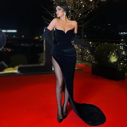 Customized Sexy High Split Mermaid Evening Dresses Black Velour Prom Gown Formal Wedding Party Dress Velvet Robe de Soiree