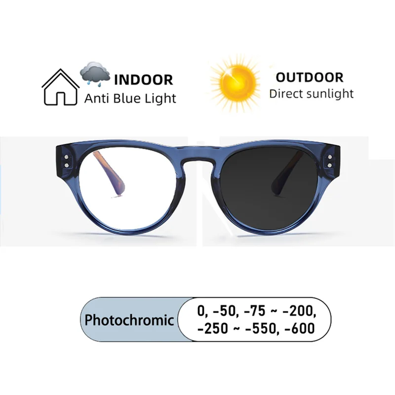 New Rice Nail Round Frame Legs Insert Metal Core Myopia Glasses Custom Prescription Photochromic Anti Blue Light Femal Eyewear