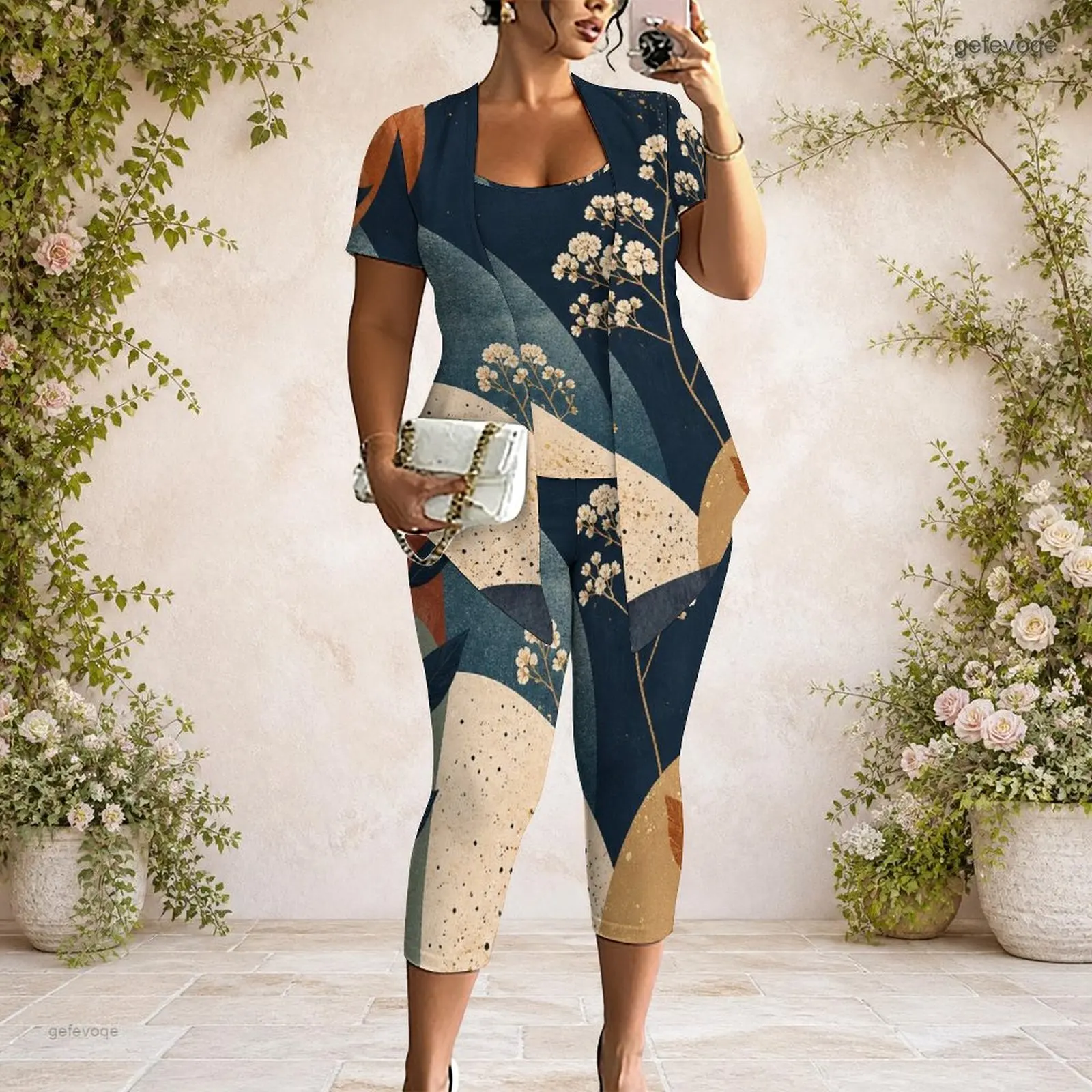 Women Short Sleeve Open Front Cardigan Tank Top Capri Pants Three Piece Printed Pants Set