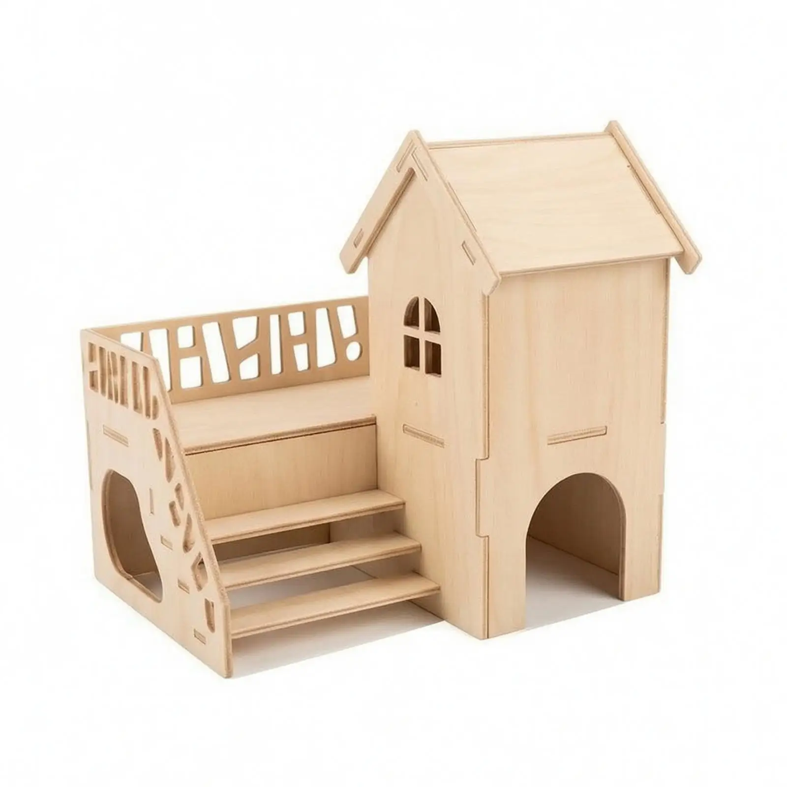 Hamster House Wooden Hideout Castle with Elevated Deck and Ladder for Small Pet Climbing Toy