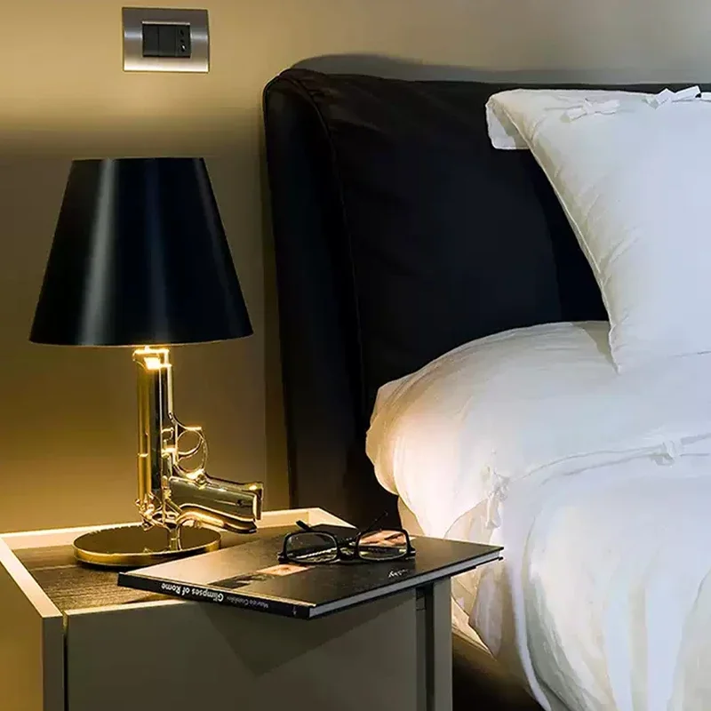 مصباح طاولة مسدس حديث، مصباح مكتبي، جسم مسدس مطلي بالكهرباء مع غطاء قماش، مصباح طاولة مسدس، ديكور منزلي، معدن، أسود #3