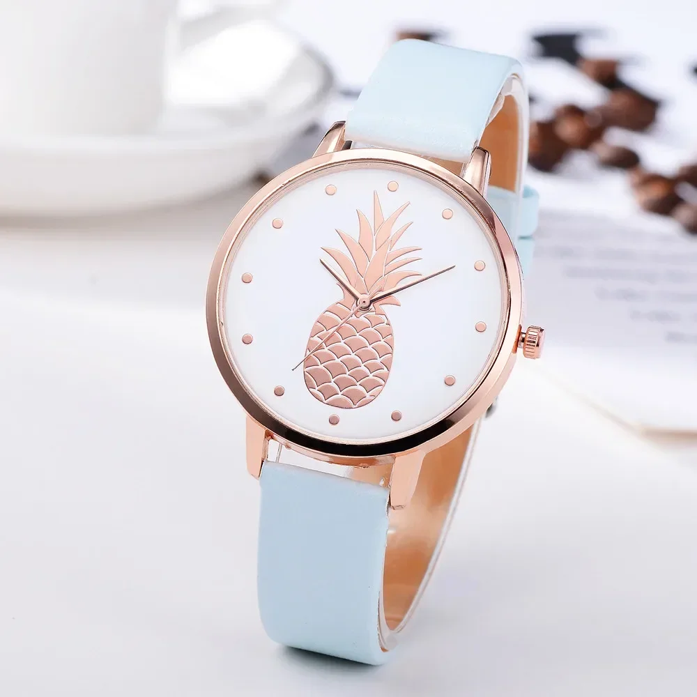 Pineapple Pattern Student Quartz Watch 2024 Leather Strap No Numeric Scale Women's Watch Alloy Dial Sports Fashion Wristwatches