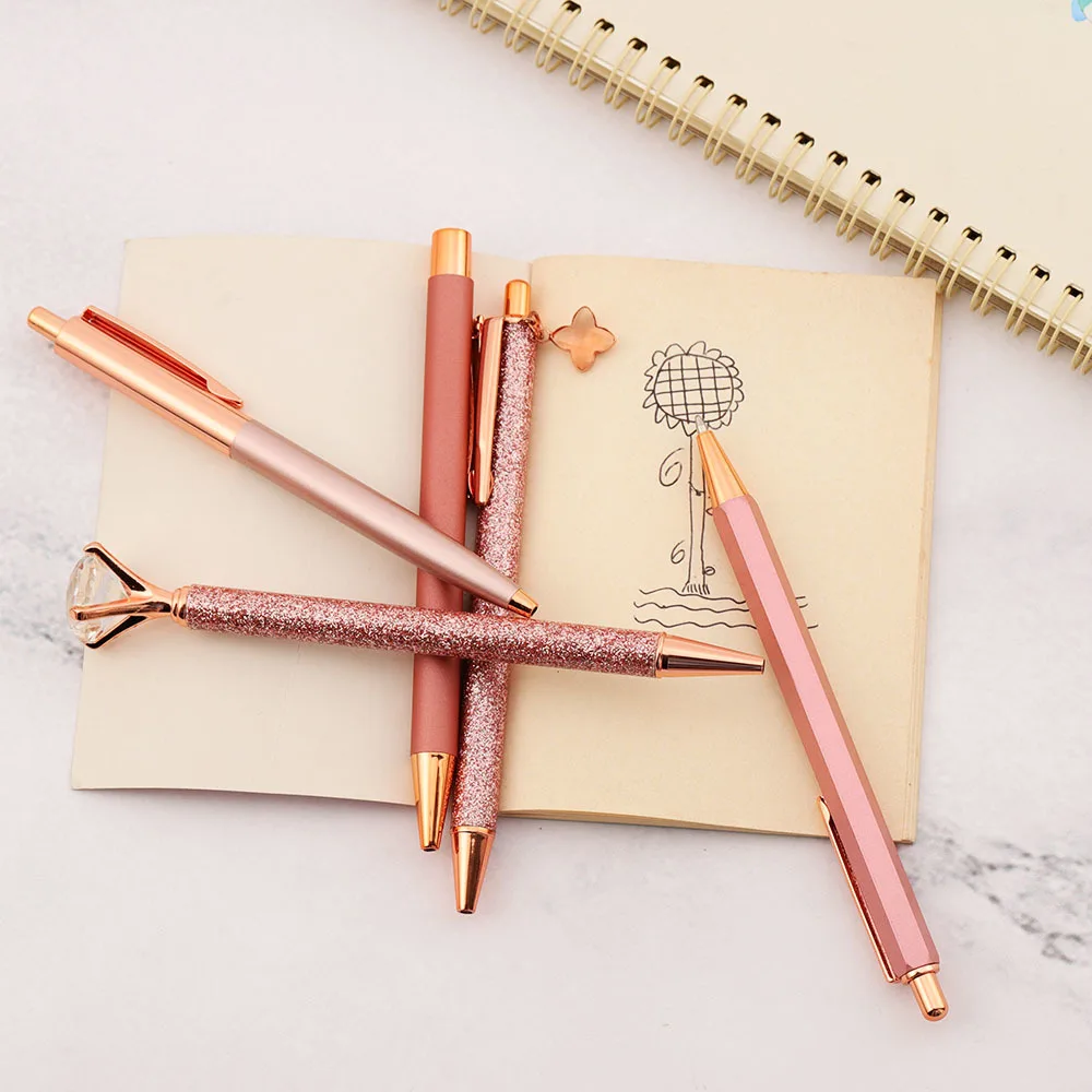 Lytwtw\'s Roller Press Ballpoint Pen Luxury Cute Wedding Rose Gold Metal Stationery School Office Supplies Spinning 5 Pieces
