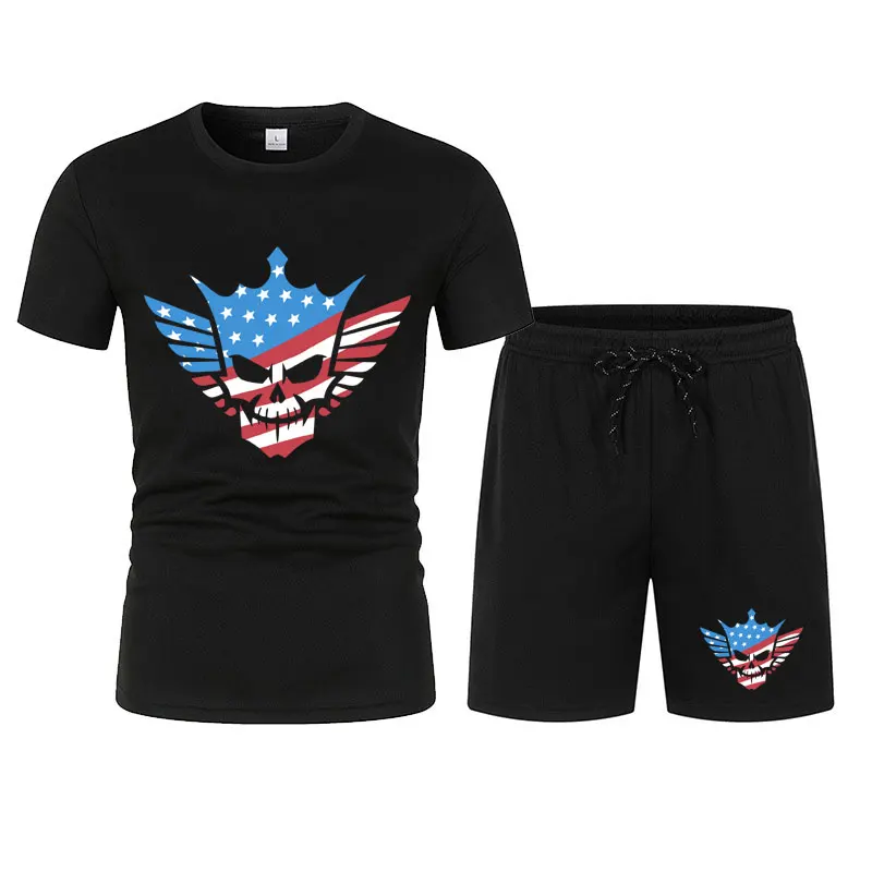 Men's Black Cody Rhodes Skull T-Shirt Shorts Set Summer Short Sleeve Men Overiszed Suits 2024 New Causal Clothing Sets