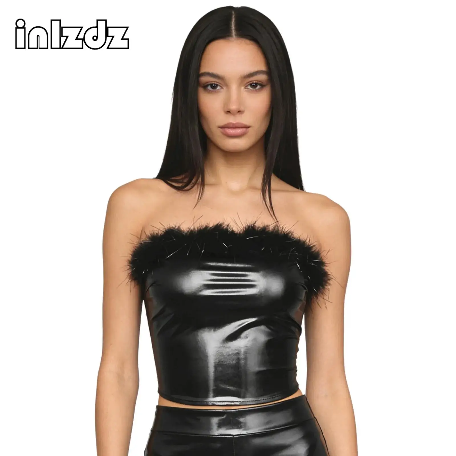 

Womens Disco Dance Tops Metallic Gloss Tube Top Shiny Strapless Feather Top for Dancing Raves Music Festivals Club Party Costume