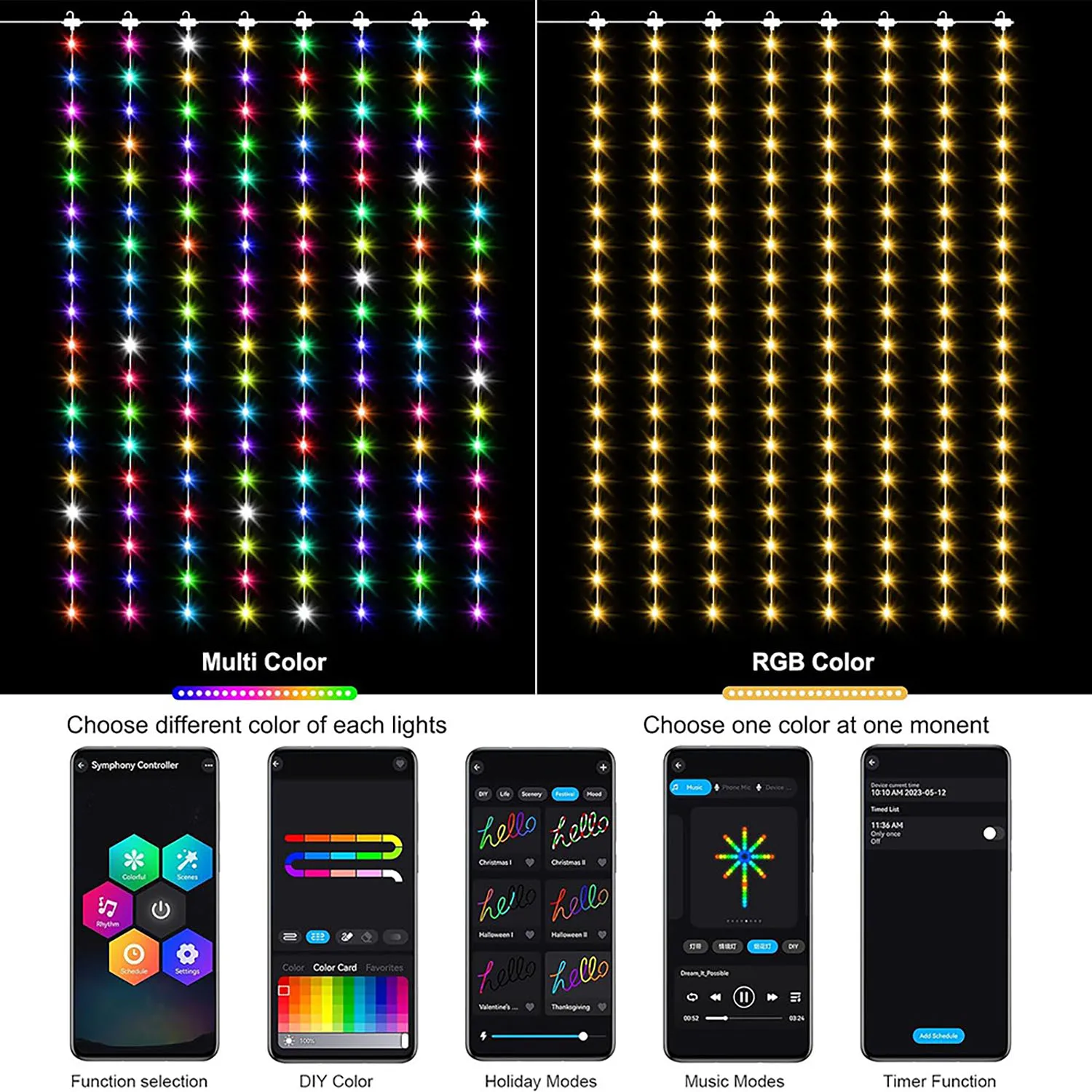 400-1200led cortina de luz inteligente aplicação bluetooth led luz corda rgb ic luz de fadas corda diy mudança de música display
