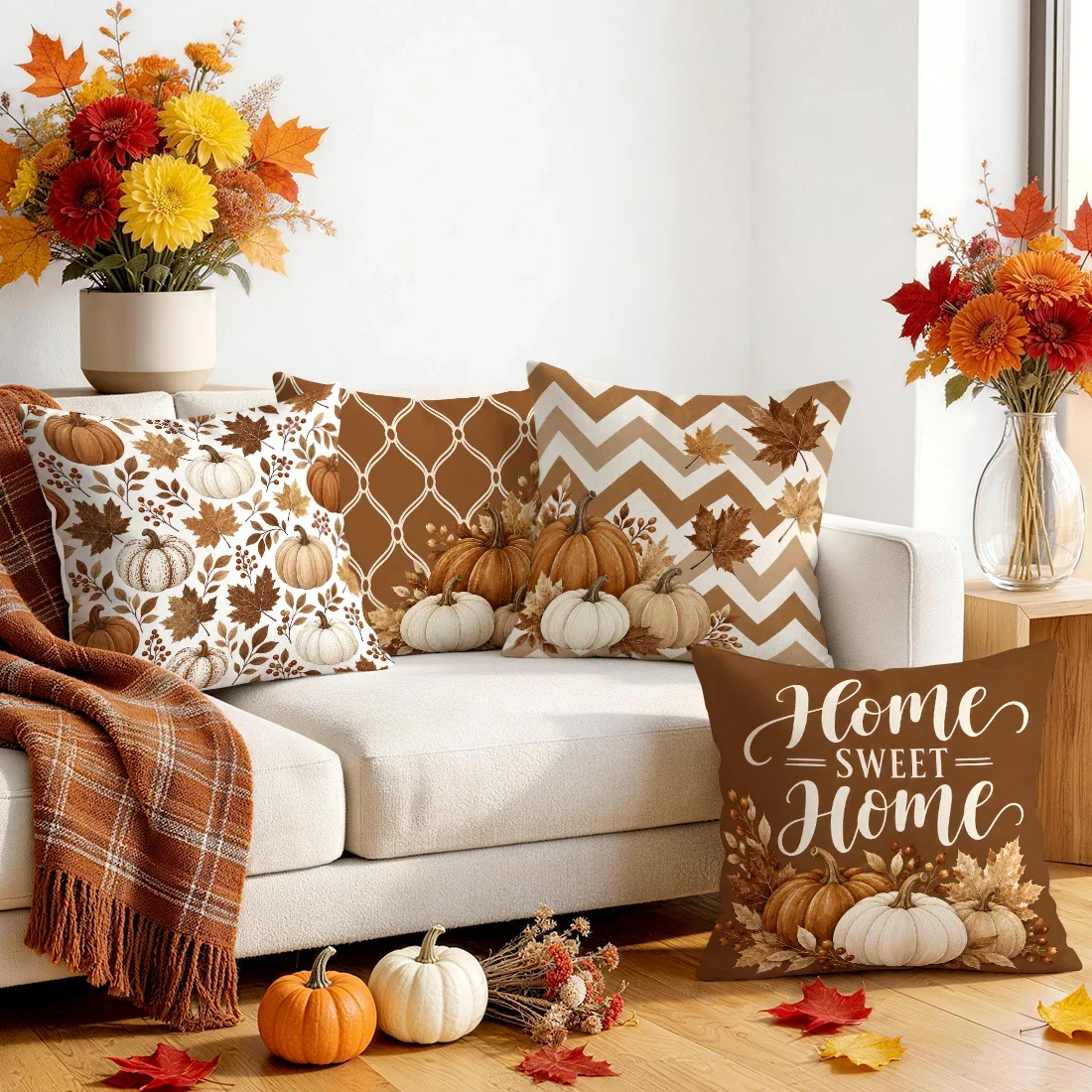 1/4pcs Brown-Toned Autumn Pumpkins Cushions Pillowcase Polyester Cushion Cover Throw Pillow Pillowcover Home Car Sofa Decor