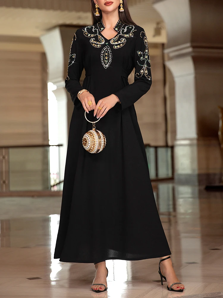 

Mia Muse Women's Ramadan Muslim Abaya Dress Long Sleeve Stand Collar Embroidered Islamic Clothing Dress