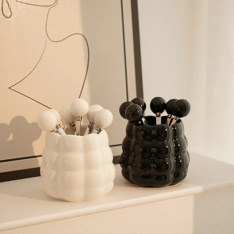 6PCS Cream Style Ceramic Pearl Fruit Fork Set High-value Fruit Sign Home Decoration Good Coffee Table Storage Tube