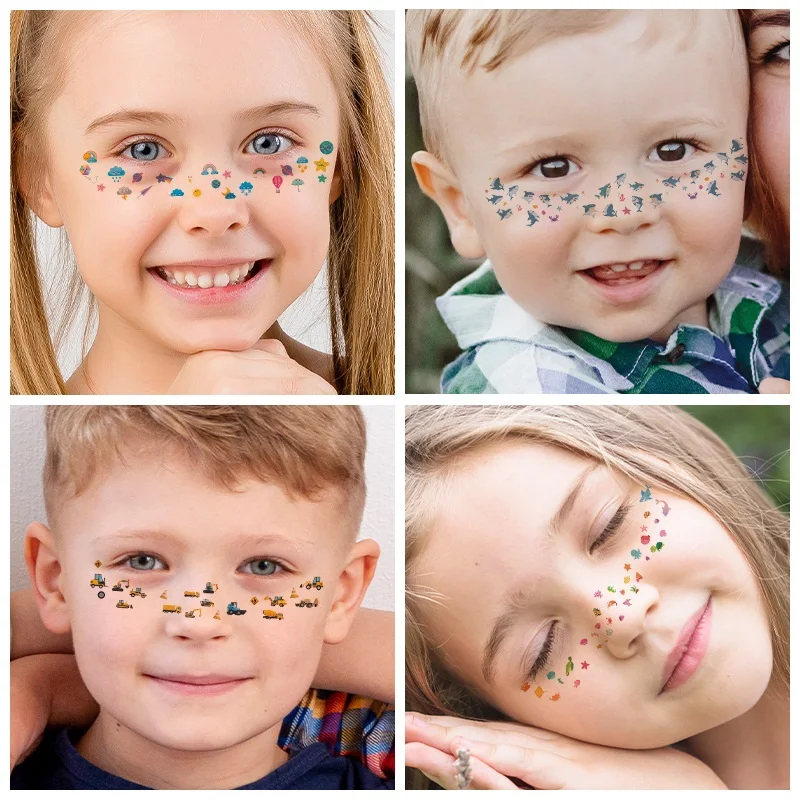 48 Kinds Waterproof Temporary Tattoos Cartoon Pattern Kids Face Tattoo Stickers Children's Day Floral Party Makeup Boys Girls
