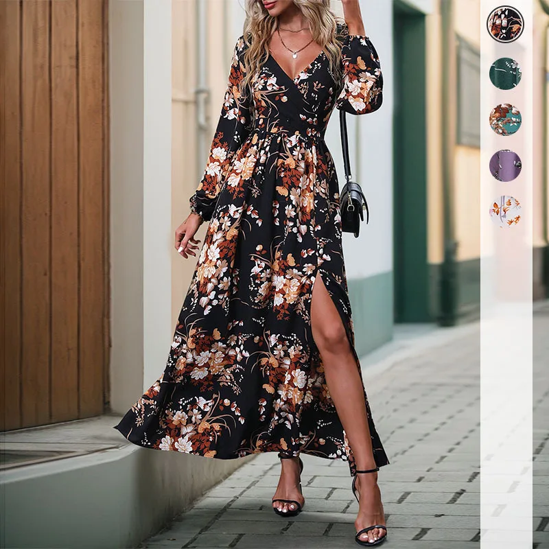 

Autumn Women's Long Sleeve V-Neck Printed Dress Women