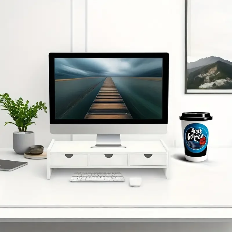 White Monitor Stand Riser with 3 Drawers, Wooden Desktop Computer Riser Shelf, Laptop Stand for Desk Organization & Storage