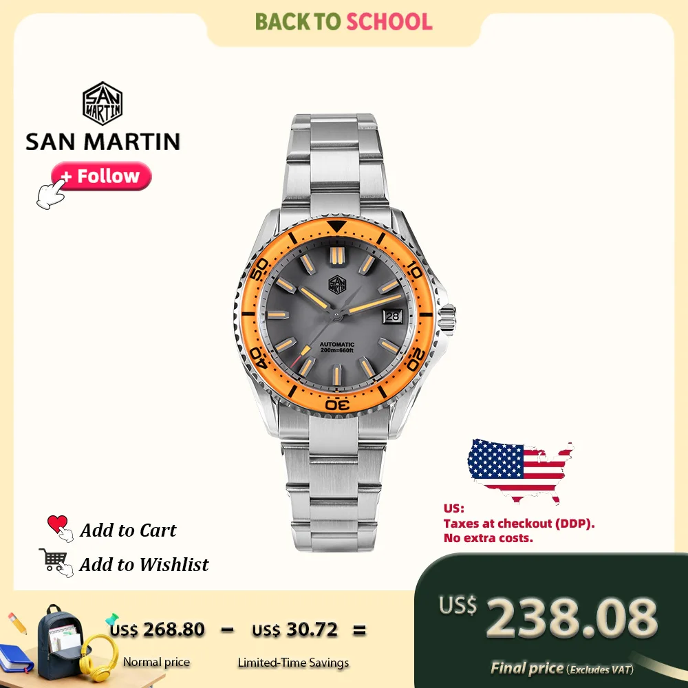 

Часы San Martin 2025, 39 мм, эмалевый циферблат, светящиеся часы из нержавеющей стали для дайвинга NH35, автоматические водонепроницаемые механические часы 200 м SN0129
