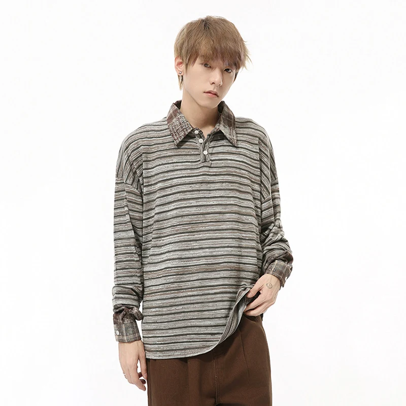 IEFB Korean Style Men's Fake Two-piece Patchwork Striped Turn-down Collar Casual Tops Vintage Long Sleeved Male Tees Chic 9C8311