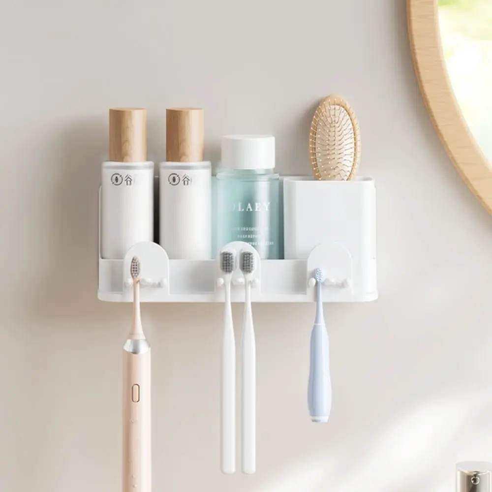 Punch Free Bathroom Wall Organizer Toothbrush Holder Storage Rack For Gongqin Plastic Washroom Cup Accessory Stand