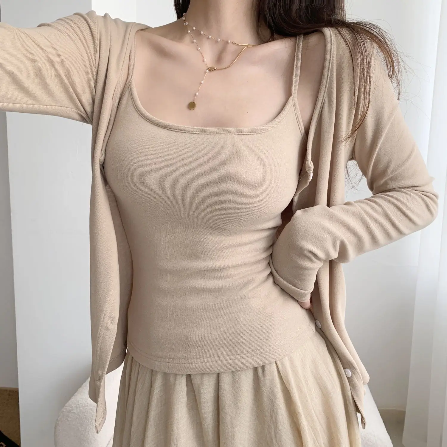 

Women's Knitted Cardigan Jacket Long Sleeve Slim Fit Casual Style Spring Breathable Cotton Two-Piece Set Zen Mindfulness Theme