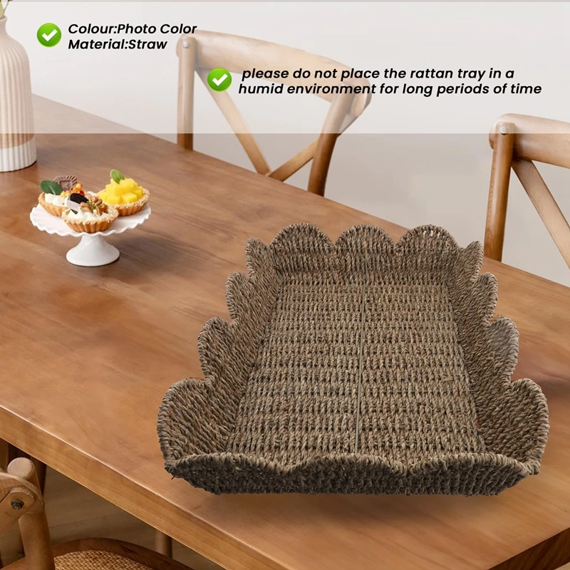 صينية حافة كبيرة على شكل مروحة من الخوص، صينية مستطيلة، صينية منسوجة يدويًا على شكل مروحة، صينية خوص مزخرفة