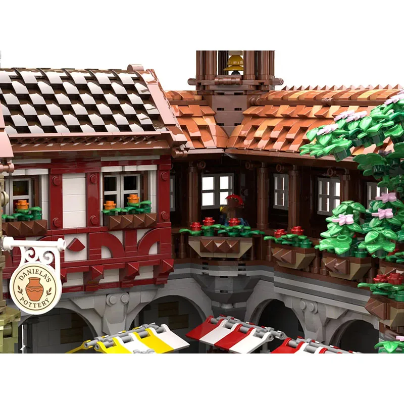 MOC قلعة القرون الوسطى وحدات بناء مركز المدينة المزارعين السوق نموذج لتقوم بها بنفسك تجميع ألعاب خشبية هدية عيد الأطفال